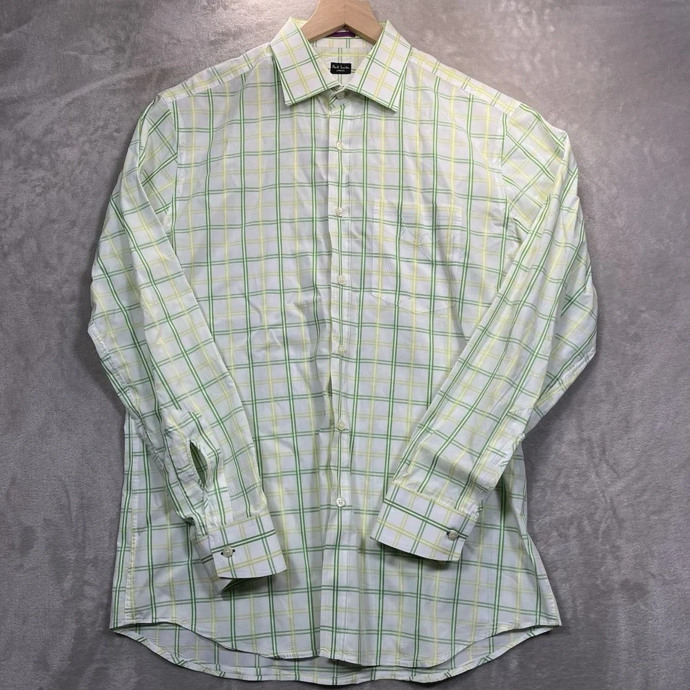Paul Smith London Shirt Mens 16.5/42 Green Yellow Plaid Button Up Dress Italy LS